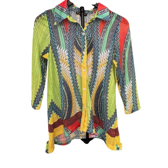 Boho Chic Global Vibe Colorful Patterned  Button-Up Sheer Cover Shirt Women’s M - Picture 2 of 8